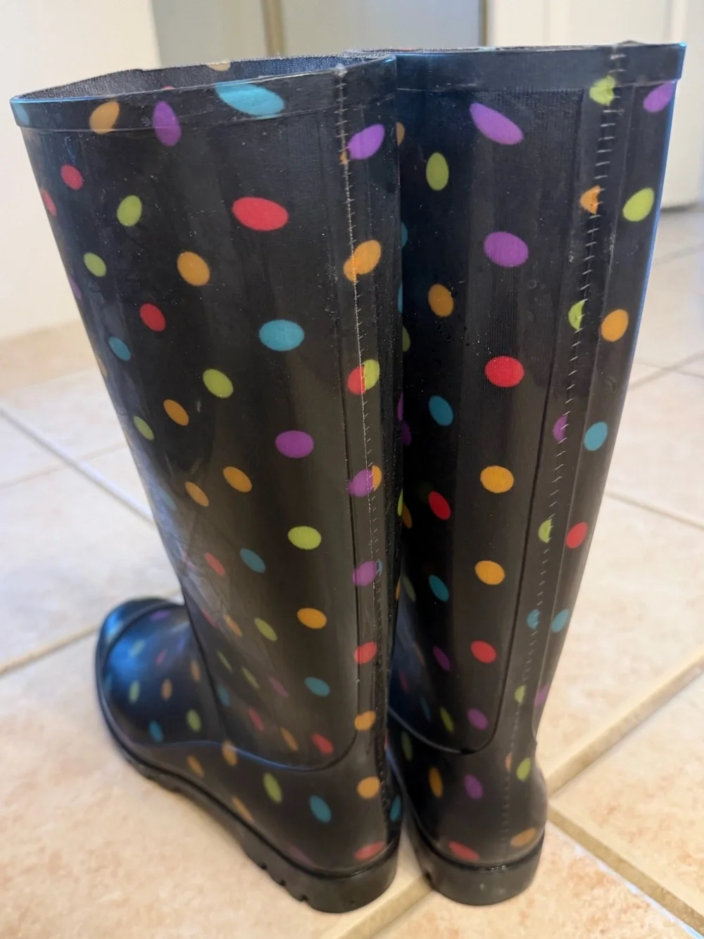 Women's Black Polka Dot Rain Boots - Colorful Dot Print